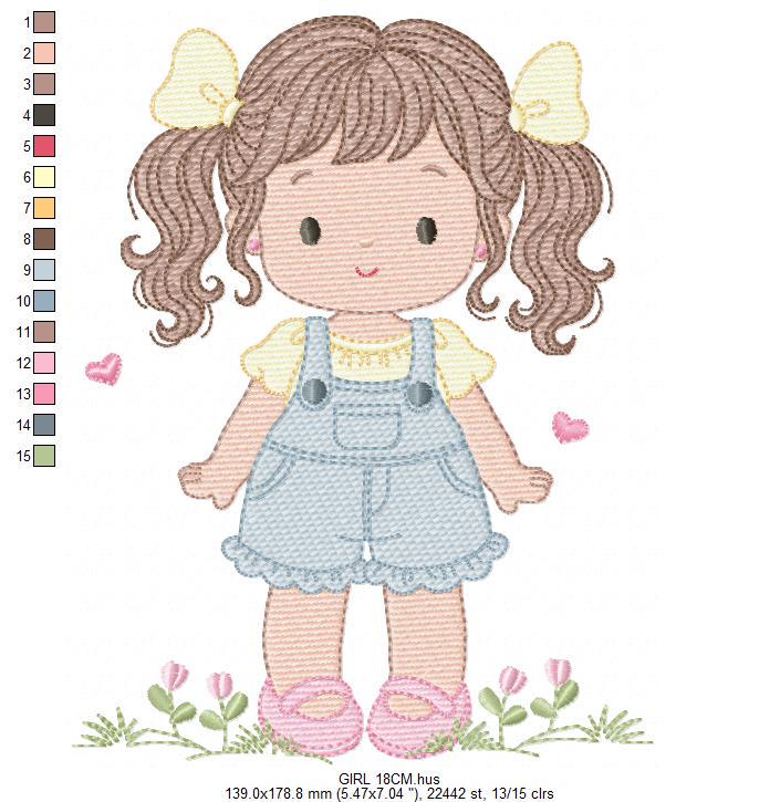 Baby girl embroidery designs - Girl with long hair ponytail and hearts machine embroidery pattern - Princess with flower - Instant download