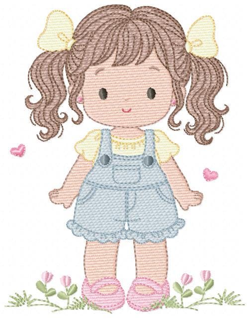 Baby girl embroidery designs - Girl with long hair ponytail and hearts machine embroidery pattern - Princess with flower - Instant download