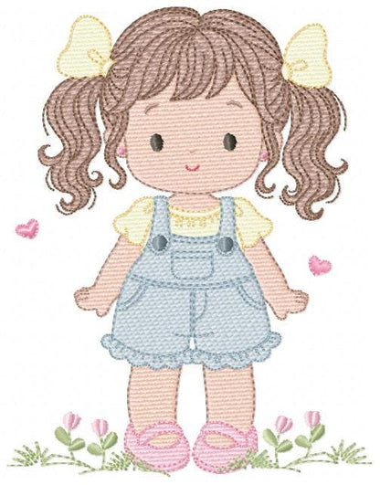 Baby girl embroidery designs - Girl with long hair ponytail and hearts machine embroidery pattern - Princess with flower - Instant download