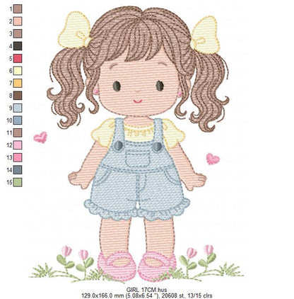 Baby girl embroidery designs - Girl with long hair ponytail and hearts machine embroidery pattern - Princess with flower - Instant download