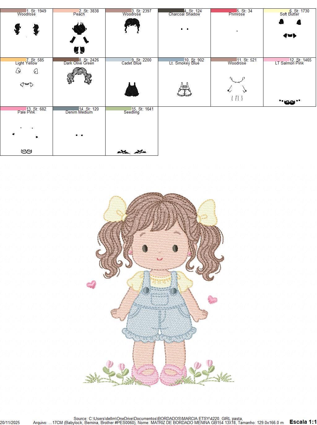 Baby girl embroidery designs - Girl with long hair ponytail and hearts machine embroidery pattern - Princess with flower - Instant download