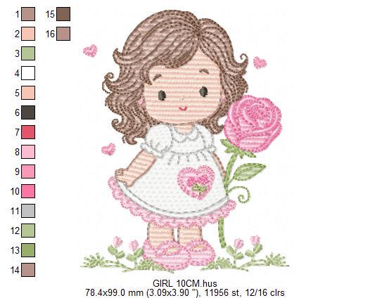 Baby girl embroidery designs - Girl with long hair and rose machine embroidery pattern - Princess with flower - Instant download pes jef hus