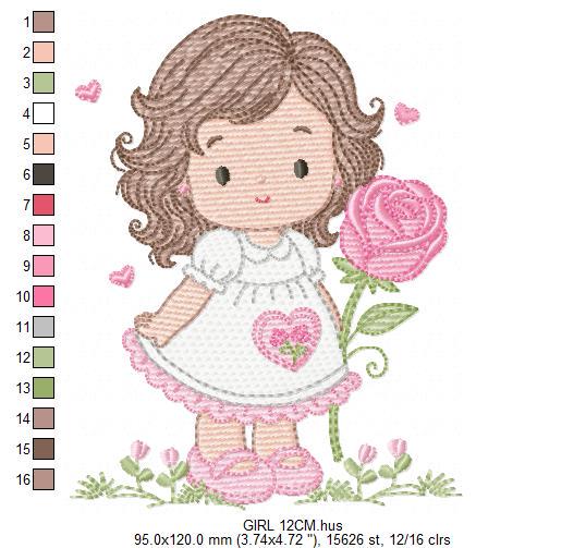 Baby girl embroidery designs - Girl with long hair and rose machine embroidery pattern - Princess with flower - Instant download pes jef hus