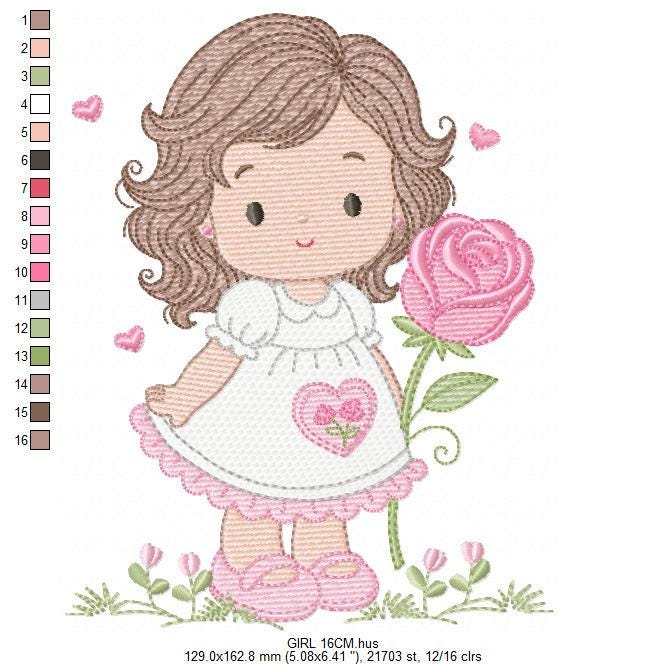 Baby girl embroidery designs - Girl with long hair and rose machine embroidery pattern - Princess with flower - Instant download pes jef hus