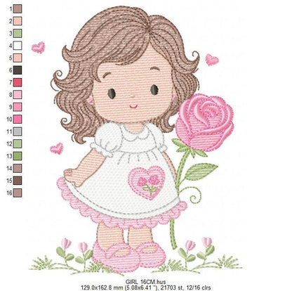 Baby girl embroidery designs - Girl with long hair and rose machine embroidery pattern - Princess with flower - Instant download pes jef hus