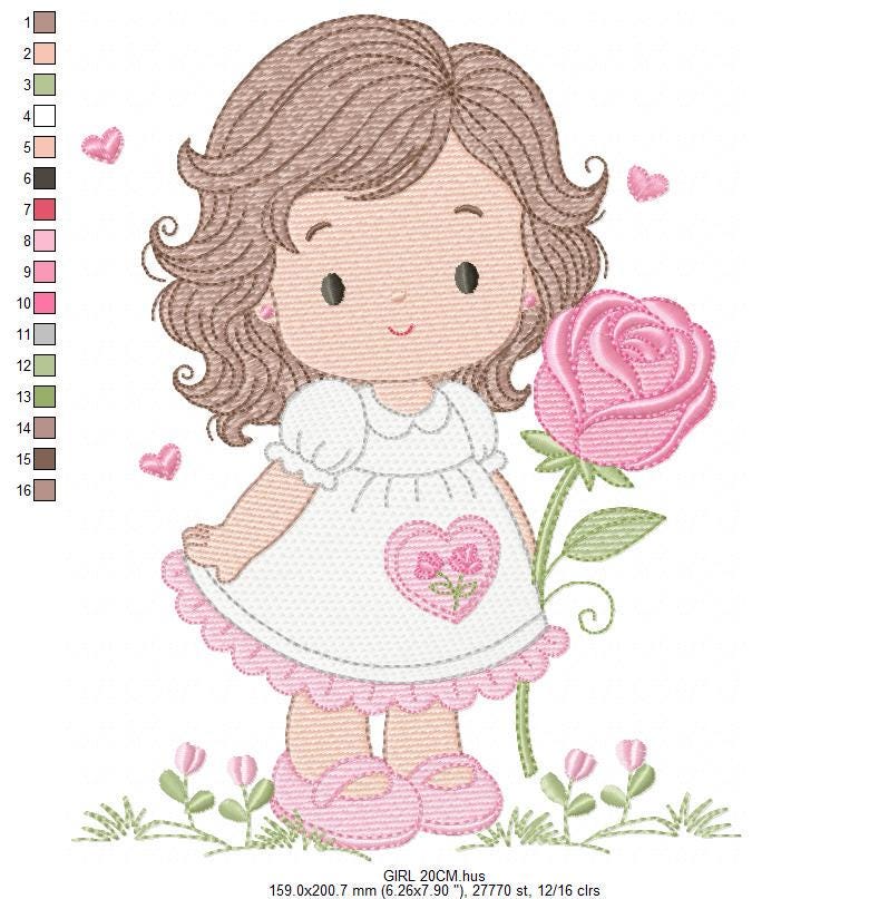 Baby girl embroidery designs - Girl with long hair and rose machine embroidery pattern - Princess with flower - Instant download pes jef hus