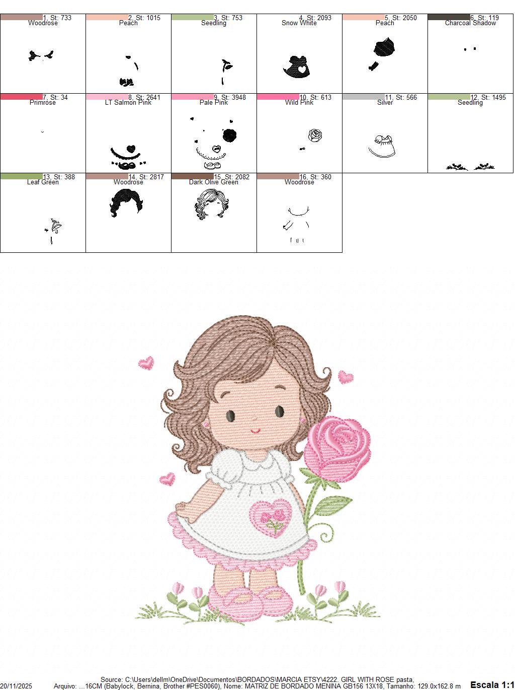 Baby girl embroidery designs - Girl with long hair and rose machine embroidery pattern - Princess with flower - Instant download pes jef hus