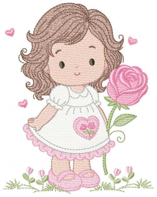 Baby girl embroidery designs - Girl with long hair and rose machine embroidery pattern - Princess with flower - Instant download pes jef hus