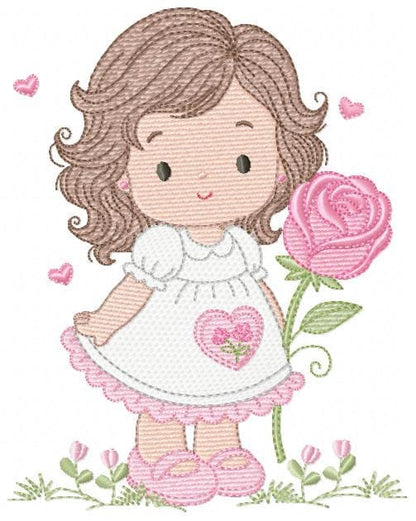 Baby girl embroidery designs - Girl with long hair and rose machine embroidery pattern - Princess with flower - Instant download pes jef hus