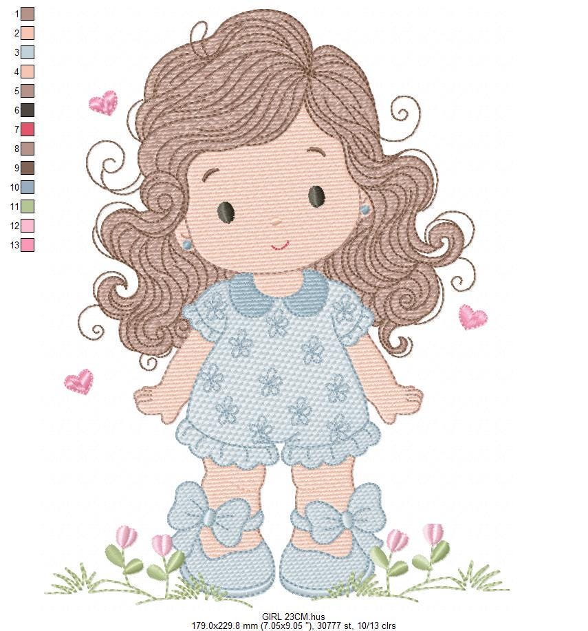 Girl with long hair and flowers embroidery designs - Princess machine embroidery pattern - Girl with lace and hearts - Instant download jef