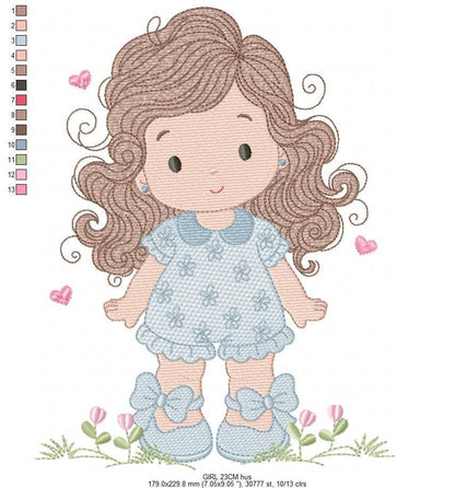 Girl with long hair and flowers embroidery designs - Princess machine embroidery pattern - Girl with lace and hearts - Instant download jef
