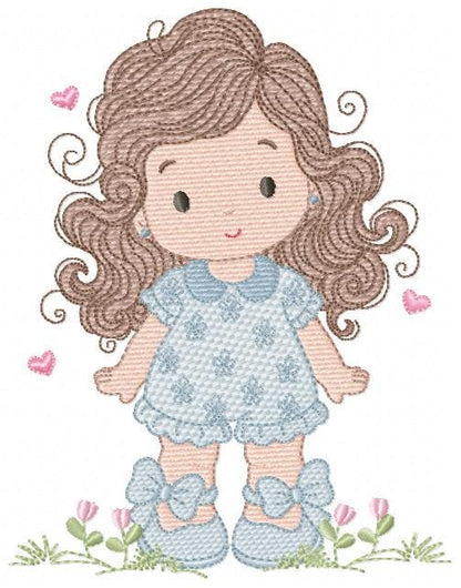 Girl with long hair and flowers embroidery designs - Princess machine embroidery pattern - Girl with lace and hearts - Instant download jef
