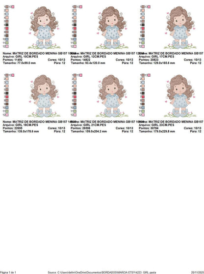 Girl with long hair and flowers embroidery designs - Princess machine embroidery pattern - Girl with lace and hearts - Instant download jef