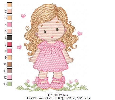 Girl with long hair and flowers embroidery designs - Princess machine embroidery pattern - Girl with lace and hearts - Instant download pes