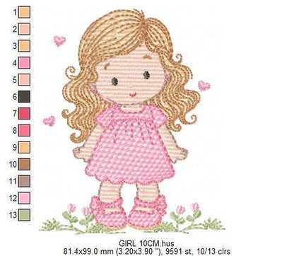 Girl with long hair and flowers embroidery designs - Princess machine embroidery pattern - Girl with lace and hearts - Instant download pes
