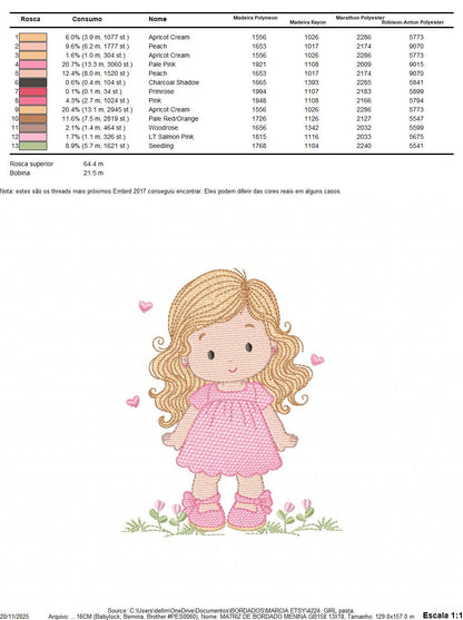 Girl with long hair and flowers embroidery designs - Princess machine embroidery pattern - Girl with lace and hearts - Instant download pes