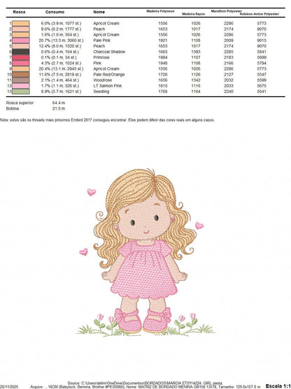 Girl with long hair and flowers embroidery design - Princess machine embroidery pattern - Girl with lace and hearts - Instant digital download pes jeft dst