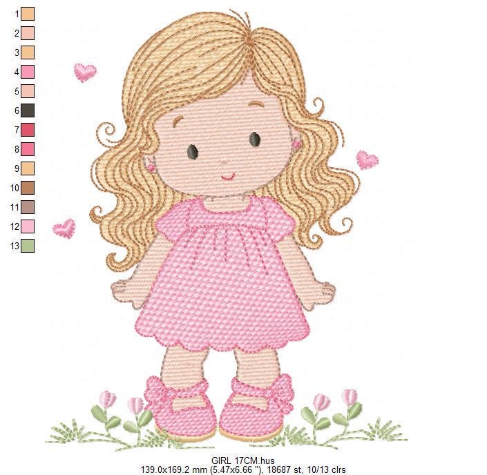 Girl with long hair and flowers embroidery designs - Princess machine embroidery pattern - Girl with lace and hearts - Instant download pes