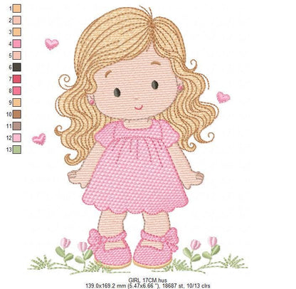 Girl with long hair and flowers embroidery designs - Princess machine embroidery pattern - Girl with lace and hearts - Instant download pes