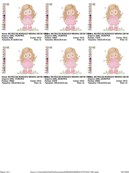 Girl with long hair and flowers embroidery designs - Princess machine embroidery pattern - Girl with lace and hearts - Instant download pes