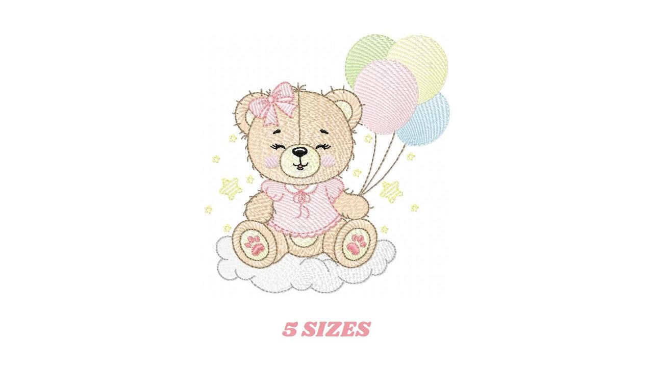 Bear with balloons embroidery designs - Baby girl pink bow and cloud machine embroidery pattern - Birthday party - Instant digital download