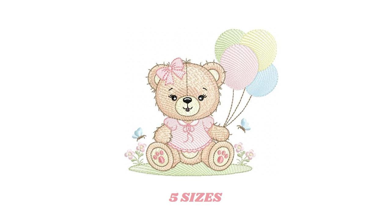 Bear with balloons embroidery designs - Baby girl with butterflies embroidery pattern - Birthday party - Instant digital download pes jef
