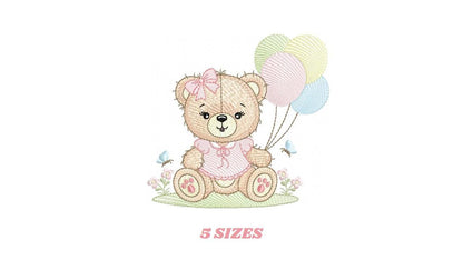 Bear with balloons embroidery designs - Baby girl with butterflies embroidery pattern - Birthday party - Instant digital download pes jef