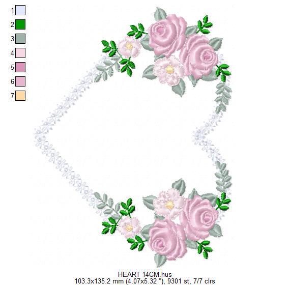 Heart with flowers embroidery designs - Flower heart frame machine embroidery pattern - Baby girl file - Instant digital download pes jef