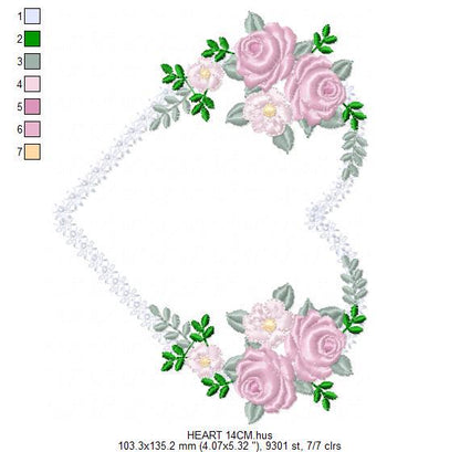 Heart with flowers embroidery designs - Flower heart frame machine embroidery pattern - Baby girl file - Instant digital download pes jef
