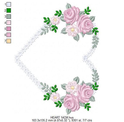 Heart with flowers embroidery designs - Flower heart frame machine embroidery pattern - Baby girl file - Instant digital download pes jef