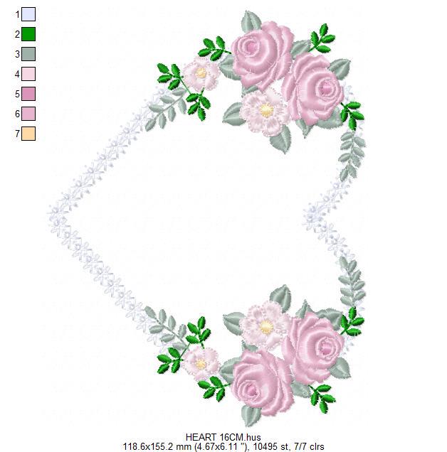 Heart with flowers embroidery designs - Flower heart frame machine embroidery pattern - Baby girl file - Instant digital download pes jef