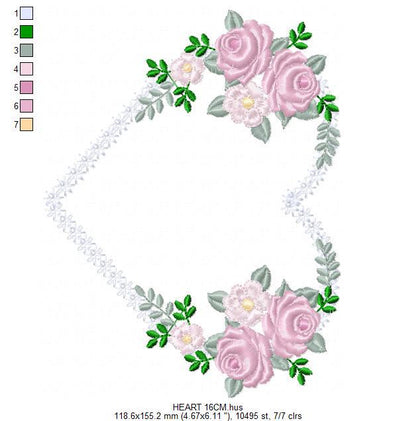 Heart with flowers embroidery designs - Flower heart frame machine embroidery pattern - Baby girl file - Instant digital download pes jef