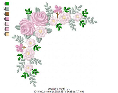 Roses Corner embroidery designs - Flower laurel machine embroidery pattern - Floral Frame embroidery file - Instant digital download pes jef