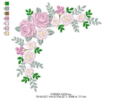 Roses Corner embroidery designs - Flower laurel machine embroidery pattern - Floral Frame embroidery file - Instant digital download pes jef