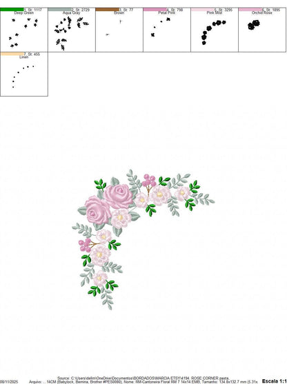 Roses Corner embroidery designs - Flower laurel machine embroidery pattern - Floral Frame embroidery file - Instant digital download pes jef