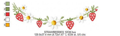 Daisies and Strawberries line embroidery designs - Flower Divider machine embroidery pattern - Floral Kitchen towel - Instant download pes