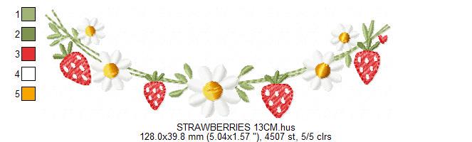 Daisies and Strawberries line embroidery designs - Flower Divider machine embroidery pattern - Floral Kitchen towel - Instant download pes