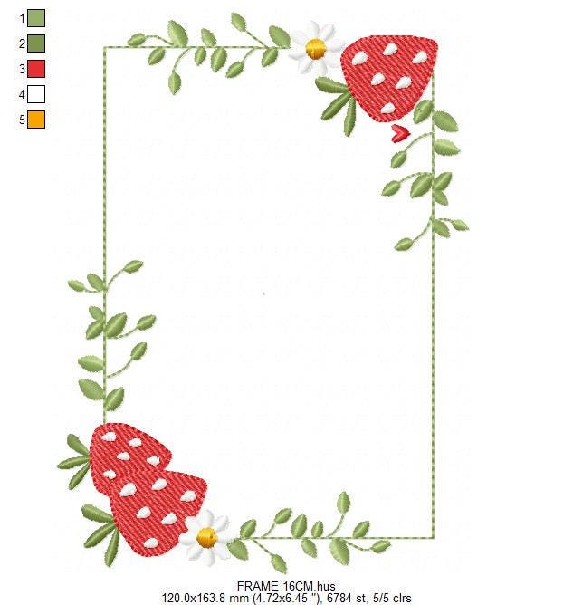 Monogram Frame with daisies and strawberries embroidery designs - Flower Square Frame machine pattern - Kitchen Towel - Instant download pes