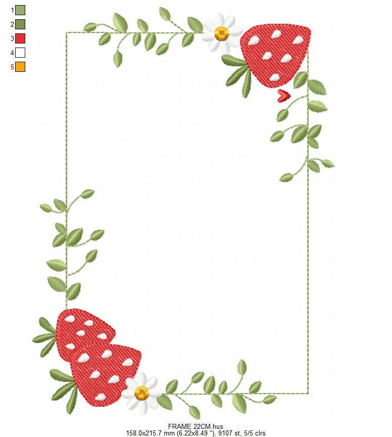 Monogram Frame with daisies and strawberries embroidery designs - Flower Square Frame machine pattern - Kitchen Towel - Instant download pes