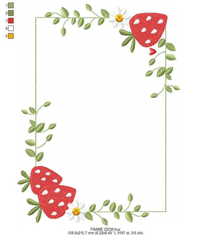 Monogram Frame with daisies and strawberries embroidery designs - Flower Square Frame machine pattern - Kitchen Towel - Instant download pes