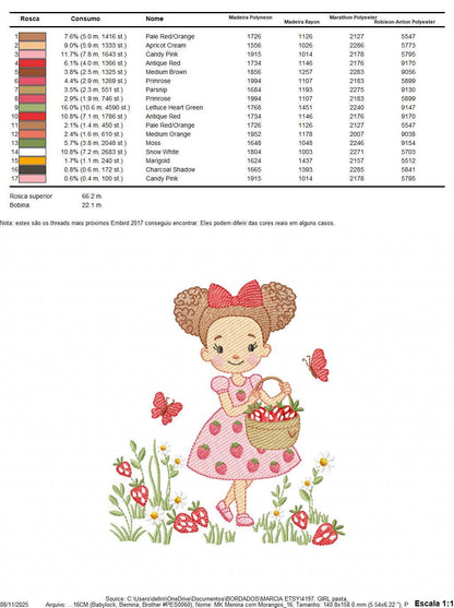 Baby girl princess with daisies embroidery designs - Girl with curly long hair braids and strawberries machine pattern - Instant download