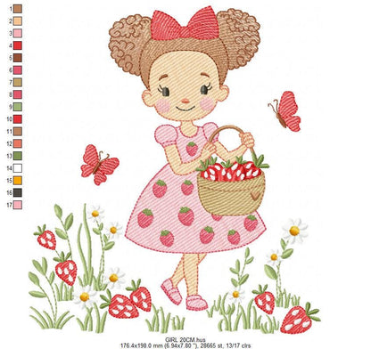 Baby girl princess with daisies embroidery designs - Girl with curly long hair braids and strawberries machine pattern - Instant download