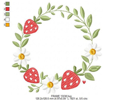 Monogram Frame with daisies and strawberries embroidery designs - Flower Laurel wreath machine embroidery pattern - Instant download pes jef