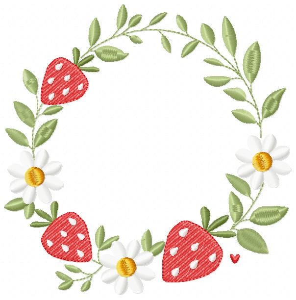 Monogram Frame with daisies and strawberries embroidery designs - Flower Laurel wreath machine embroidery pattern - Instant download pes jef