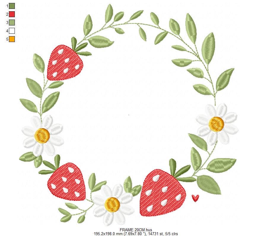 Monogram Frame with daisies and strawberries embroidery designs - Flower Laurel wreath machine embroidery pattern - Instant download pes jef