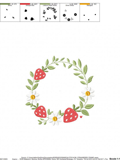 Monogram Frame with daisies and strawberries embroidery designs - Flower Laurel wreath machine embroidery pattern - Instant download pes jef