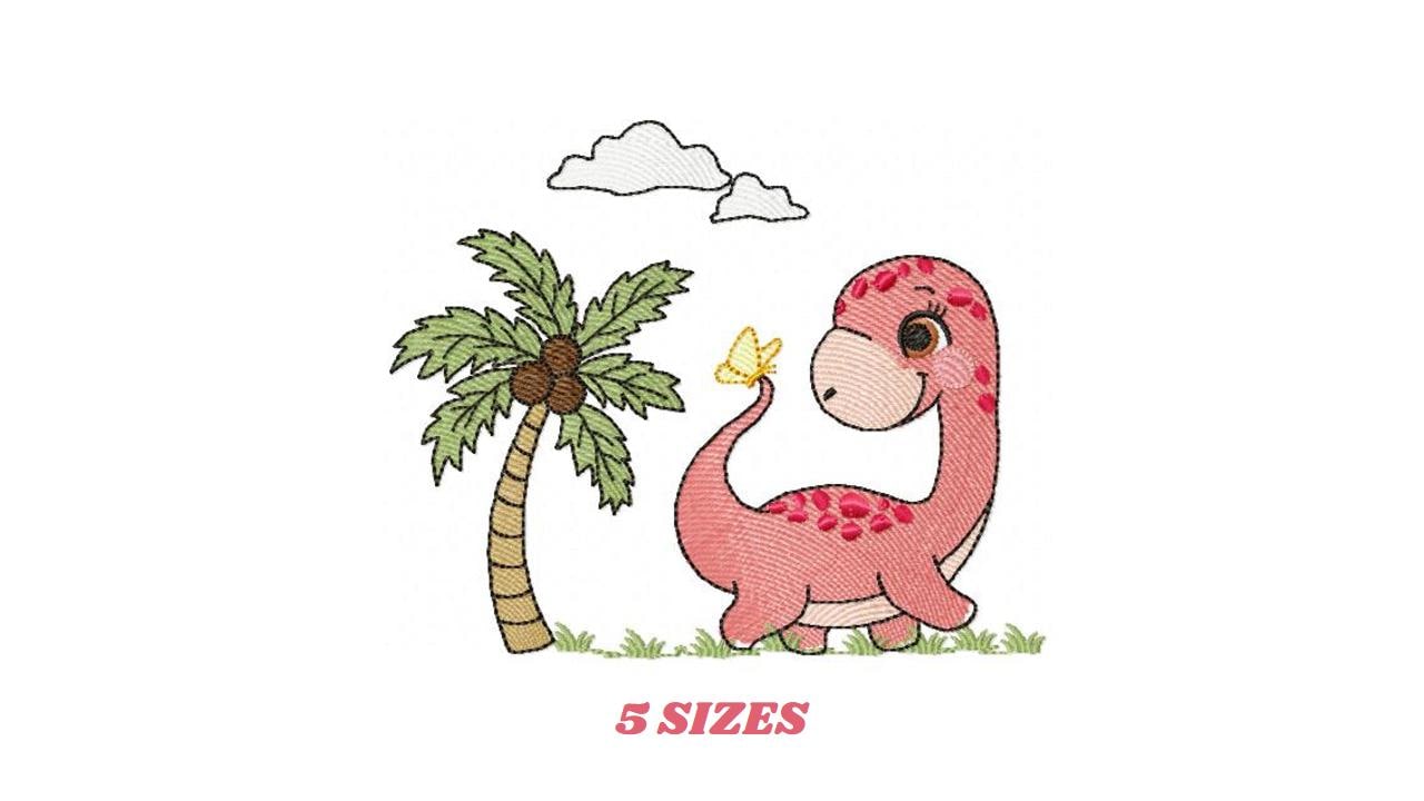 Dinosaur embroidery designs - Dino with coconut tree machine embroidery pattern - Baby boy and girl Brontosaurus - instant digital download