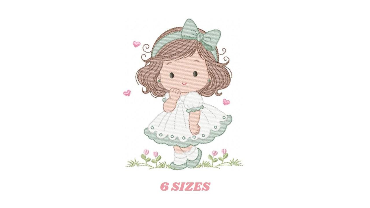 Baby girl embroidery designs - Girl with long hair and lace machine embroidery pattern - Princess with flower - Instant download pes jef dst