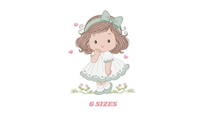 Baby girl embroidery designs - Girl with long hair and lace machine embroidery pattern - Princess with flower - Instant download pes jef dst
