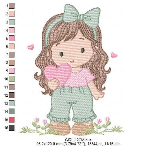 Baby girl embroidery designs - Girl with long hair and heart machine embroidery pattern - Princess with flower - Instant download pes jef